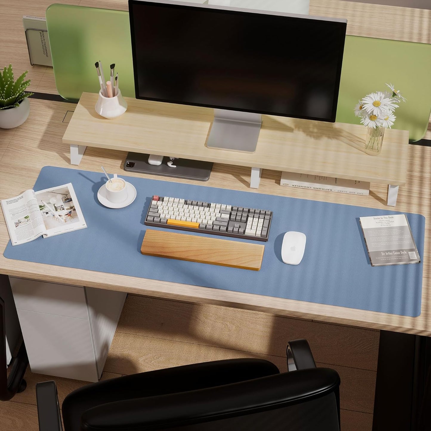 Aothia Leather Desk Pad Protector, Office Desk Mat, Large Mouse Pad, Laptop Desk Pad, Non-Slip PU Leather Desk Blotter, Waterproof Desk Writing Pad for Office and Home (Denim Blue, 47" x 17")