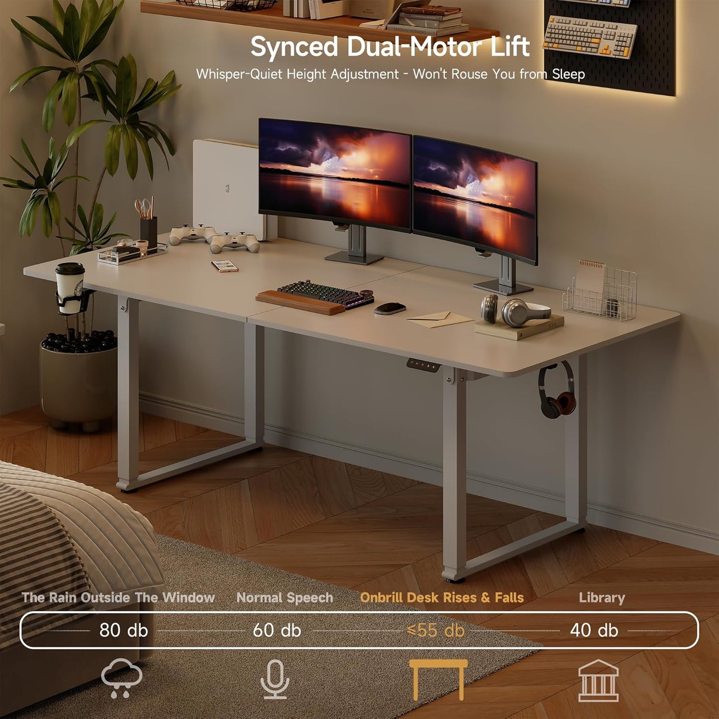 71x32 Inch Adjustable Standing Desk with 4 Legs, Stand-up Desk Features a Spacious Rectangular Top, Dual-Motor Lift, and Memory Presets (28-46Inch) for Home Offices or Computer Workstations, White