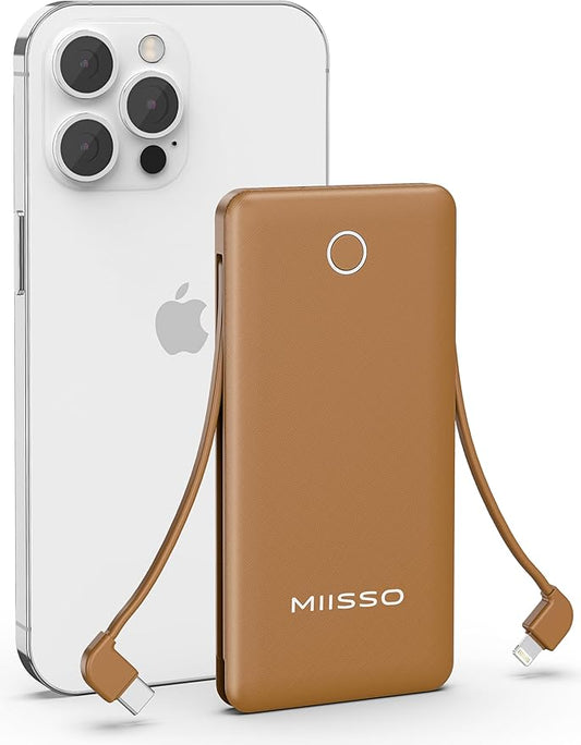 10000mAh Slim Portable Charger with Built in Cable, Power Bank Travel Charger External Battery Pack for Phone, 4 Output USB Type C Cord Clutch Charger Compatible with iPhone, Brown