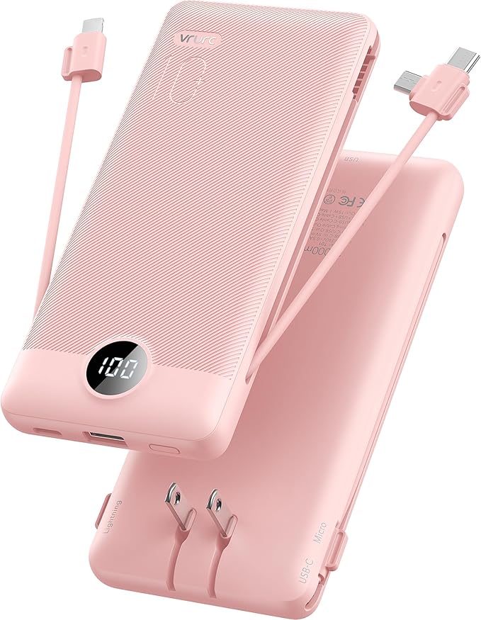 VRURC Portable Charger Built-in Cables and AC Wall Plug, USB C Power Bank 10000mAh, Travel Essentials Phone Charger Compact Lightweight External Battery Pack for Smart Phones, Tablets etc-Pink