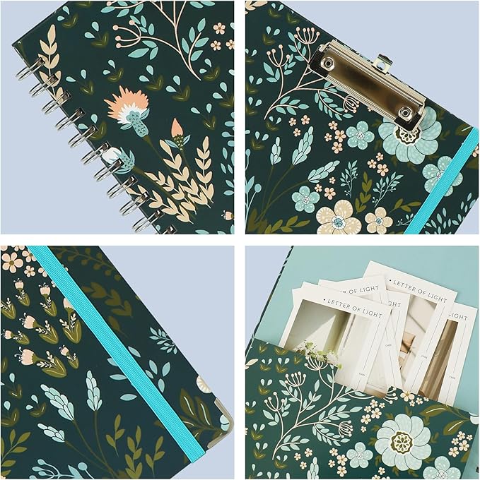 Clipboard Folio Spiral Folder Board,5 Extra Folders with 10 Storage Pockets,Refillable Lined Fillable Notepad,Folded Clipboard with Storage,Suitable for Office,School and Student (Green Flowers)