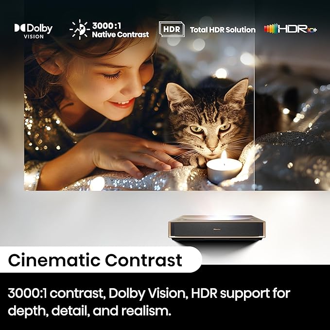 Hisense PT1 Ultra Short Throw Triple Laser Projector, 4K UHD, Google TV, 80'' - 150'', 2500 Lumens, 3000:1 Contrast, IMAX Enhanced, Dolby Vision & Atmos, 3D, 240 High Refresh Rate