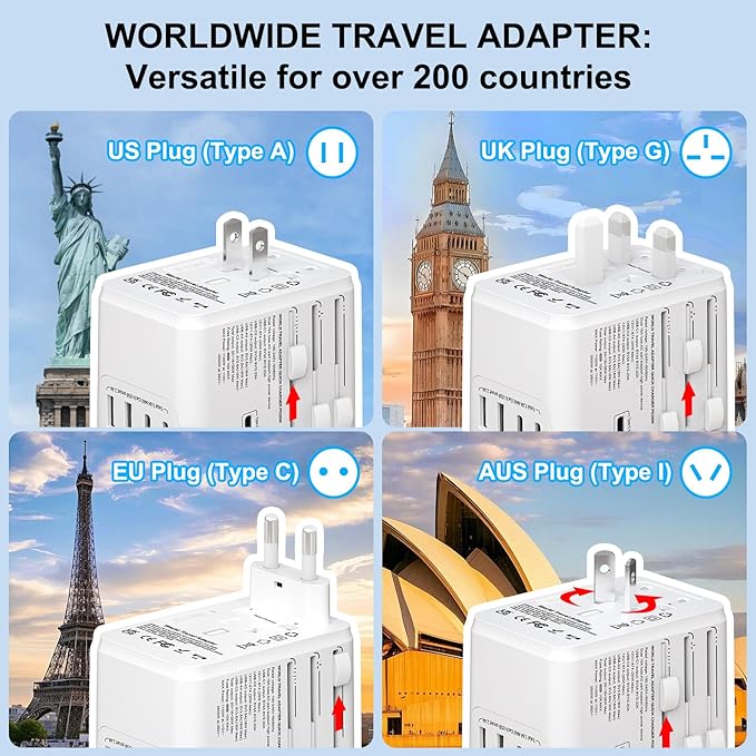 Universal International Plug Travel Adapter, 6 in 1 Wall Charger with 3 Type-C 5.8A 29W PD Fast Charging & 2 USB-A 5.8A & Multi AC Outlet Adaptor for USA EU UK AUS 200+ Countries