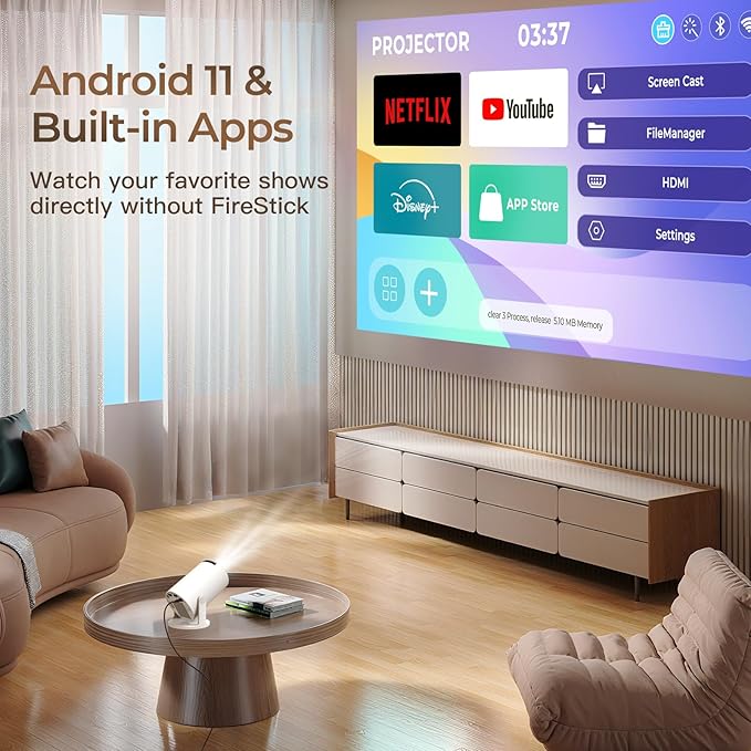 Built-in Apps & 2025 Upgraded Smart Projector with Wi-Fi 6 & Bluetooth 5.4, 1080P 4K Support Full HD, Auto Keystone 360° Portable Home Cinema Mini Projector for iOS/Android OptiBarrel 005