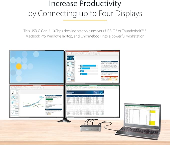 StarTech.com USB-C Quad Monitor Docking Station for MacBook Pro/Air M1 M2 M3 M4 & Windows, Universal 4K 60Hz HDMI DP Dock, Thunderbolt Compatible, 100W Laptop Charging