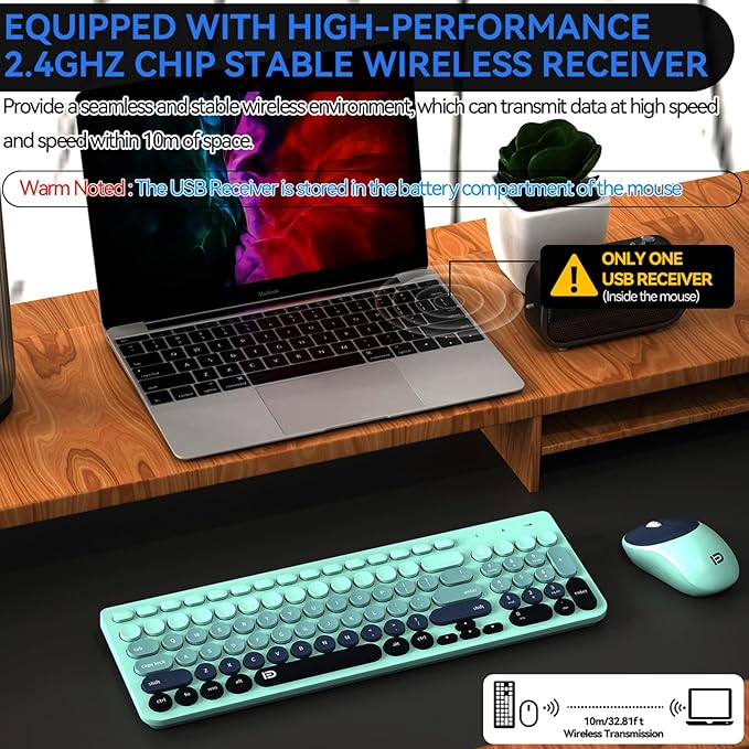 FD Wireless Keyboards and Mouse Combo - 2.4GHz USB Cordless, Cute Wireless Keyboard Round Keys, Quiet and Slim Set for Laptop, Computer, TV and Mac - Indigo Blue Colorful