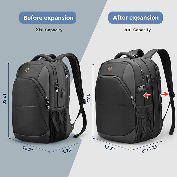 Swissdigital Design Travel Laptop Backpack, 35L Expandable Large College Laptops Backpack with USB Charging Port for Men and Women Fits 17 Inch Notebook, Black | ANDWIL PRO
