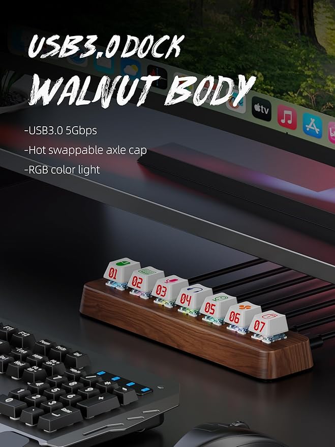 7-Port USB 3.0 Powered Hub, RGB Lighting, Hot-Swappable Cherry MX Switch Support, 5Gbps Speed, Includes 12V/2A Power Adapter, Walnut Wood Cyberpunk USB Dock-FU0724