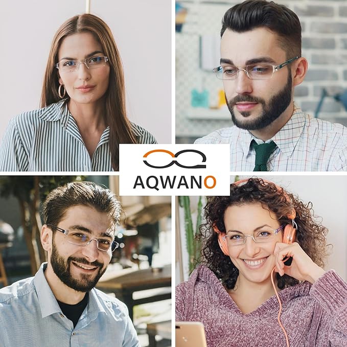 AQWANO Blue Light Blocking Computer Reading Glasses 5 Pack Clear Frame Rimless Readers Lightweight Comfortable Anti Glare Filter for Women Men, 3.5
