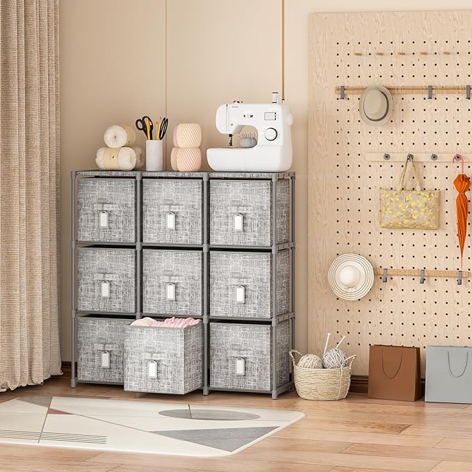 9 Cube Closet Organizer with Beautiful Printed Drawers + Labels, Storage Shelf, Toy Cubby Organizer