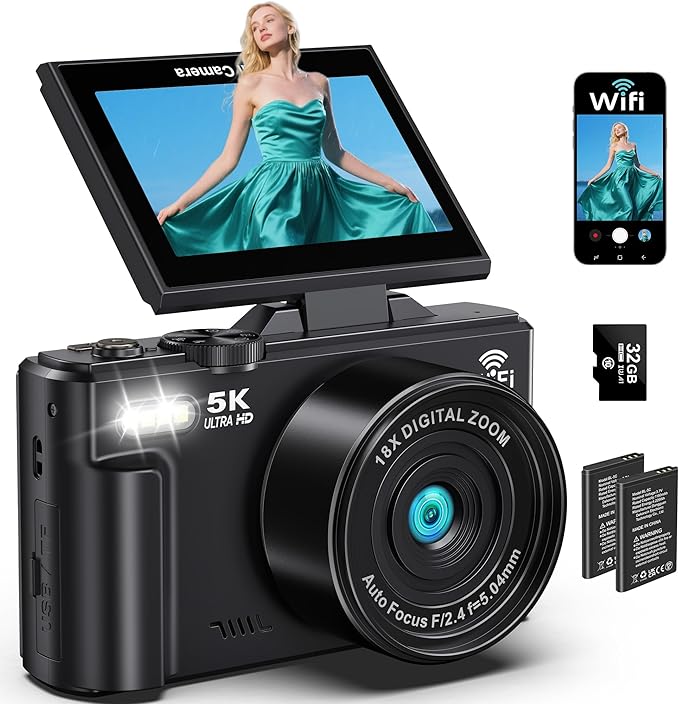 Digital Cameras for Photography - 5K 75MP Vlogging Camera for YouTube WiFi - UHD Autofocus Vlog Camera 3" 180° Flip Screen with 18X Zoom - Travel YouTube with 32GB SD Card, 2 Batteries