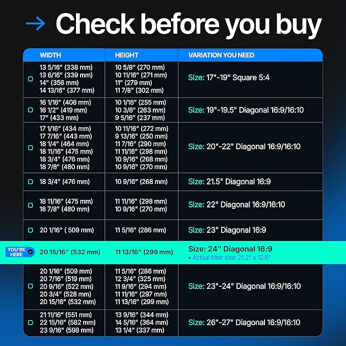 Acrylic 24 Inch Computer Privacy Screen Filter for Widescreen Computer Monitors - 21.2" x 12.6" (540 x 319mm) - Monitor Frame Hanging Type
