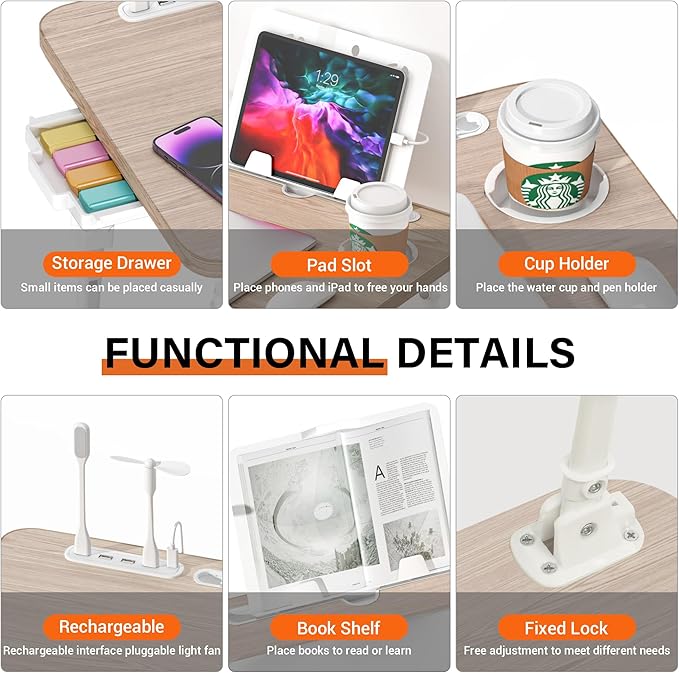 Laptop Desk for Bed Height Adjustable, Lap Bed Table with USB/Storage Drawer/Cup Holder/Tablet Stand/Book Shelf, Foldable Breakfast Tray Portable for Reading Writing, Sofa & Floor, Glacier