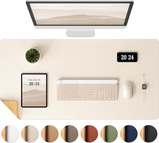 Aothia Dual-Sided Desk Mat - Natural Cork & Leather Desk Protector, Large Mouse Pad, Waterproof Blotter, Writing Pad for Office/Home, Beige (25.6"x13.7")