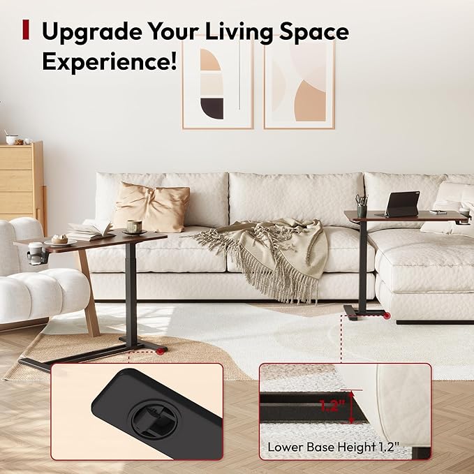 SANODESK Medical Adjustable Overbed Bedside Table with Hidden Casters, Pneumatic Mobile Laptop Computer Standing Desk Cart with Tray, Hospital and Home Use(31.5" W x 17.7" D, Walnut)