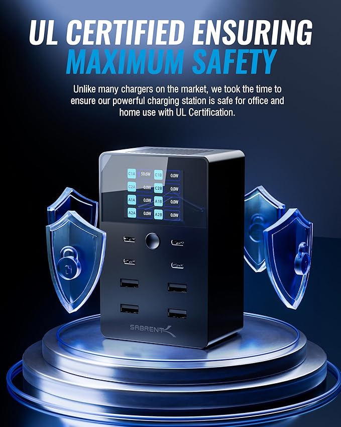 SABRENT 252W USB Charger – 8-Port Charging Station with USB-C 100W PD & USB-A Fast Charging, LCD Display, PPS, Compact Travel Design for Laptops, Phones, Tablets, Gaming Devices (AX-8PTC)
