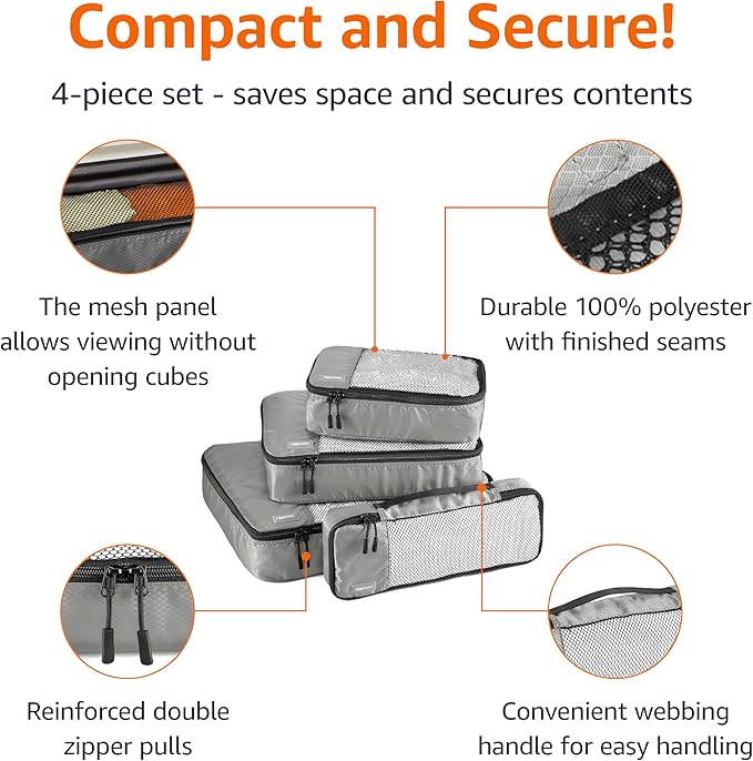 Amazon Essentials 4-Piece Packing Cubes Travel Accessories Set, Luggage Organizer with Double Zipper, Mesh Top, 100% Polyester, Small/Medium/Large/Slim, Gray (Previously Amazon Basics)