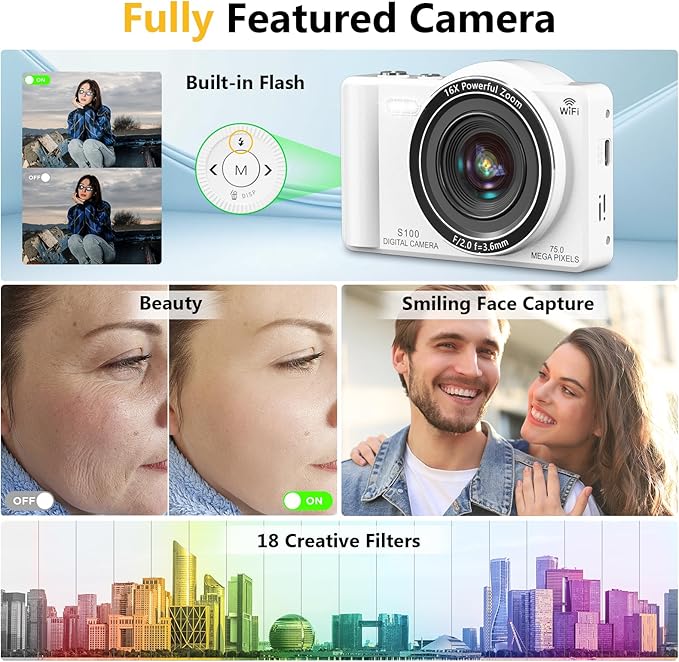 Digital Camera for Photography - WiFi 4K 75MP Vlogging Cameras for YouTube, Touchscreen Autofocus Point and Shoot Digital Camera for Teens Adult Beginner with 16X Zoom, 32GB Card, 2 Batteries(White)