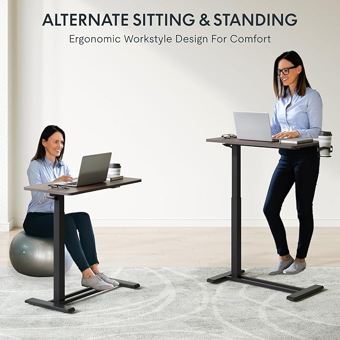 FLEXISPOT H7 Adjustable Overbed Bedside Table with Wheels Pneumatic Mobile Standing Desk Laptop Desk Rolling Computer Cart Movable Table Hospital Home Use(27.6" W x 15.7" D, Mahogany Table)