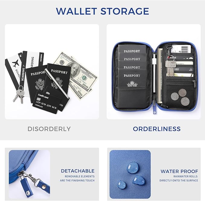 Travel Passport Holder, Large Family Passport Walle for Men Women RFID Passport Cover Lightweight Portable Document Organizer with Wrist Strap (Blue)