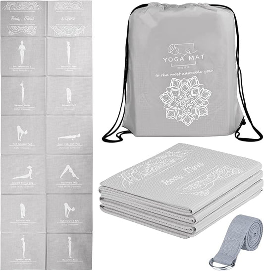 Foldable Yoga Mat for Women, Non Slip Exercise Mat for Home Gym, 5mm Travel Yoga Mats Set With Stretch Strap for Yoga Pilates and Fitness, 68"L x 24"W x 0.2 Inch Thick