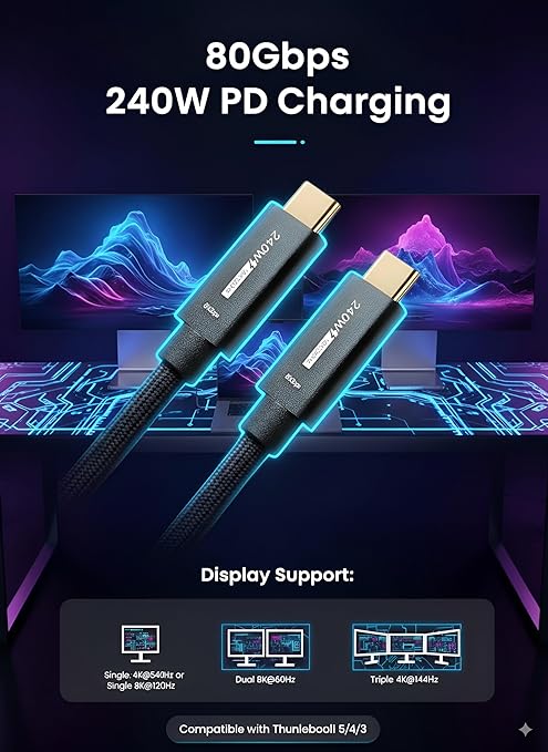 USB C Cable 4ft Thunderbolt 5/4 Supported, 80Gbps Data Transfer, 240W Fast Charging, Up to 120Gbps Bandwidth, Compatible with 8K/4K Display,for iPhone 17/16/15 Pro Max Plus, MacBook