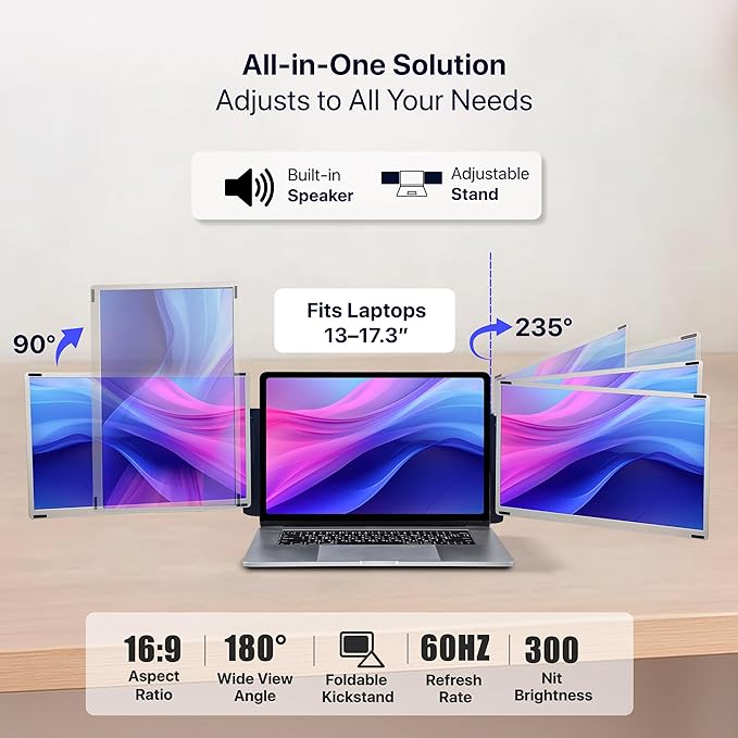 ELK 15.6" Dual Laptop Screen Extender - Laptop Bag & Cleaning Kit Included - FHD 1080P IPS - Detachable & Adjustable Monitor Extender - with Speakers - Compatible with Mac/Android/Win