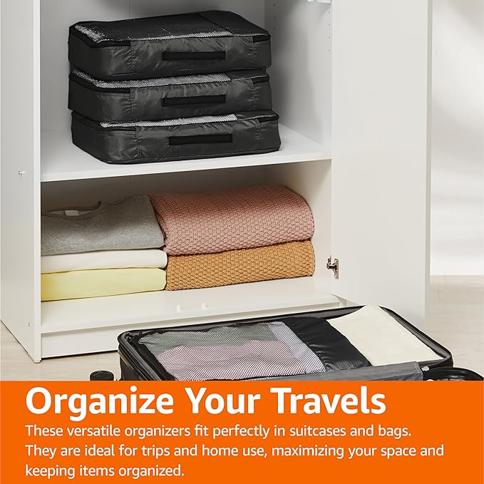 Amazon Essentials 4-Piece Packing Cubes Travel Accessories Set, Luggage Organizer with Double Zipper, Mesh Top, 100% Polyester, Large, Black (Previously Amazon Basics)