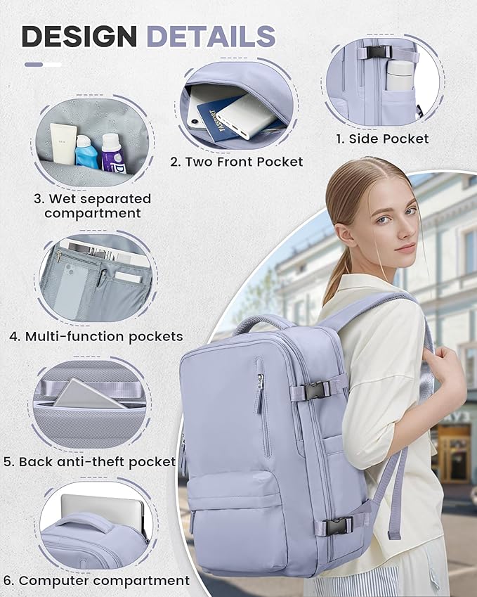 Vacuum Travel Backpack with Pump for Women,Personal Item Carry on Backpacks Flight Approved 18x14x8 inches for Men,Laptop Waterproof Work Compression bags Casual Daypack Purple