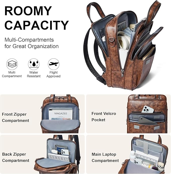 Shrrie Laptop Backpack for Women and Men, 15.6 Inch Vegan Leather Computer Backpack Professional Water-Resistant Casual Daypack for Work Business College Travel Office,Two-toned Brown