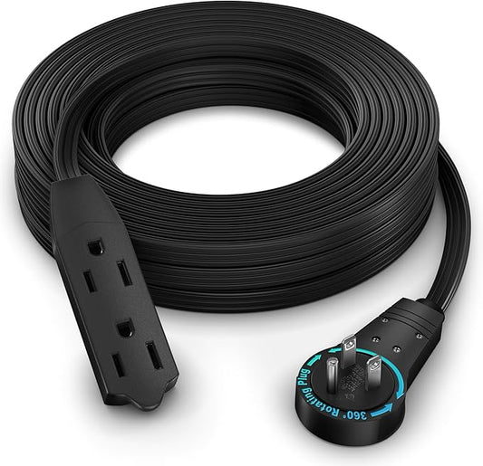 Maximm Cable 30 Ft 360° Rotating Flat Plug Extension Cord, 16/3 AWG Multi 3 Outlet 3-Prong Grounded Wire- Black - UL Certified