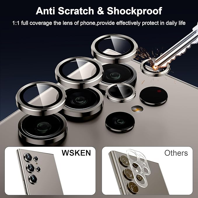 WSKEN for Samsung Galaxy S24 Ultra Camera Lens Protector, Ultra Thin Scratch Resistant 9H Tempered Glass with Aluminum Metal Circle Camera Screen Protector Cover Accessories, Gray