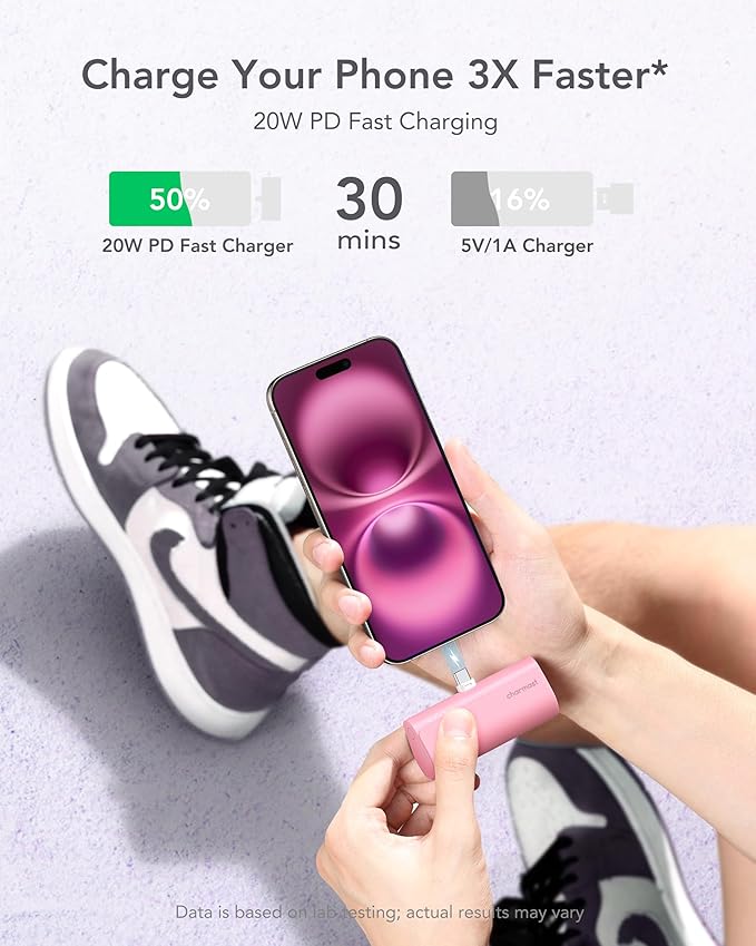 charmast Portable Charger USB C for iPhone 17/16/15, 5000mAh Fast Charging Battery Pack with Built-in Type-C Connector, 20W Mini Power Bank for iPhone 17/16/15 Series, Samsung S22/23 Series, and More