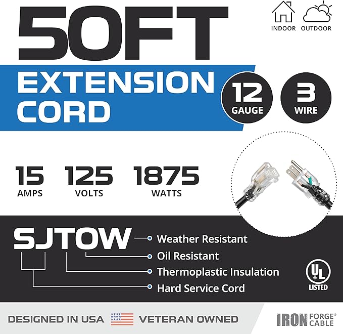 Iron Forge Cable 2 Pack 12 Gauge Outdoor Extension Cord 50 Ft, SJTOW 12/3 Heavy Duty Extension Cord 3 Prong - Oil Resistant & Flame Retardant
