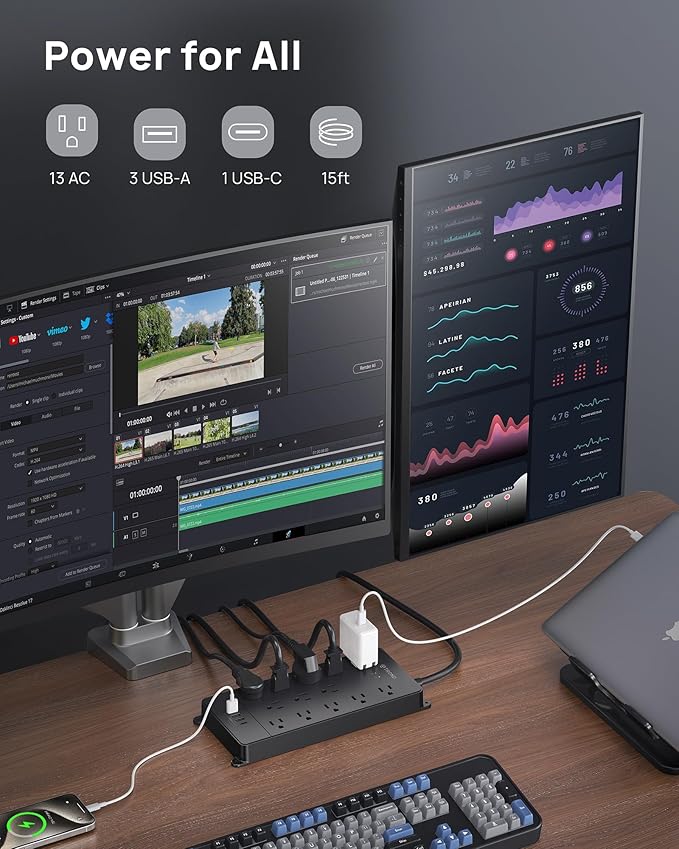 TROND Surge Protector Power Strip 15 ft Cord - Long Extension Cord, 13 Widely-Spaced Outlets Expansion with USB C Ports, 4000 Joules, Flat Plug, Wall Mount, ETL Listed, Office Desk Accessory, Black