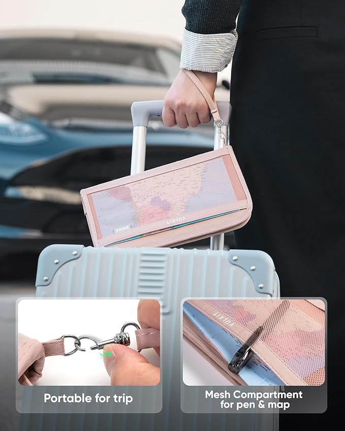 VULKIT Passport Wallet Passport Family Holder RFID Blocking Travel Card Organizer with Wrist Strap for Men or Women(Pink)