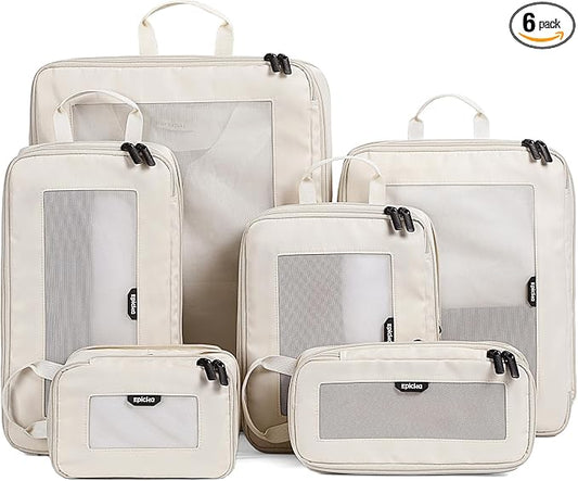EPICKA TripCozy Compression Packing Cubes - 6 Set Durable Travel Organizer Bags with Mesh Top, Expandable Travel Accessories for Carry on, Luggage, Suitcase, Backpack (Beige)