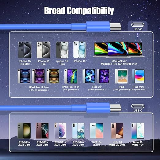 3-Pack Blue [3.3FT+6.6FT+10FT] 60W USB C to USB C Cable, Type C Fast Charging Cable for iPhone Air 17 16e 16 15 Pro Plus Pro Max，for Galaxy S25, for iPad Pro/Air/mini, for MacBook Pro/Air and More