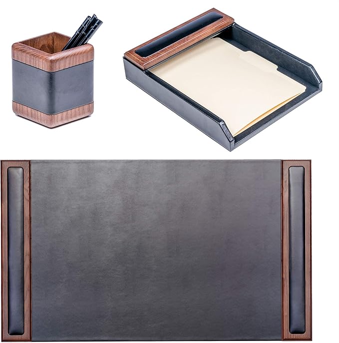 Dacasso Walnut and Leather Desk Set, 3-Piece