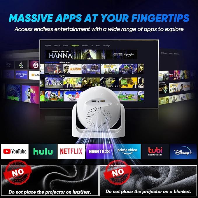 Mini Projector with WiFi and Bluetooth Auto Focus & Vertical Keystone Smart Portable Projector Android 13 with Built in Apps 1080P HD 4K Support w/ HDMI/USB Supported Home Movie Projector (White)