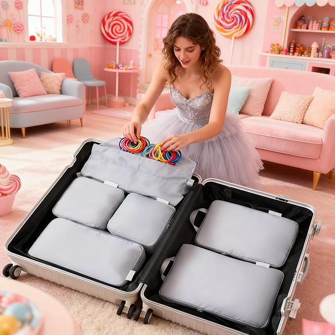 6-piece travel compression packaging cube - foldable travel bag expandable, luggage storage bag. (haze blue)