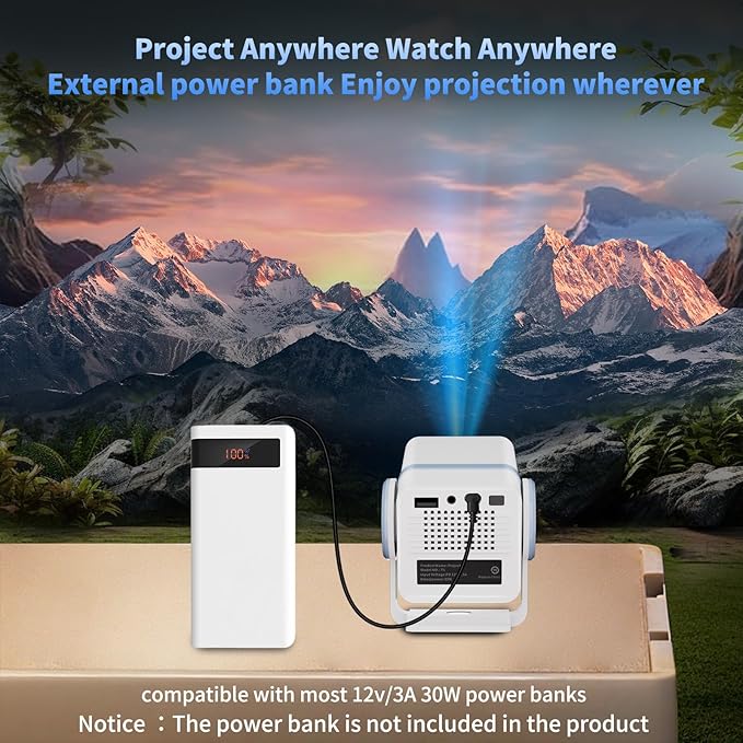 Dess Mini Projector,Portable projector can be powered by power bank,outdoor projector with Wifi6 and bluetooth,Movie projector,180° Rotatable, Auto Keystone Correction hometheater proyector,T1(White)