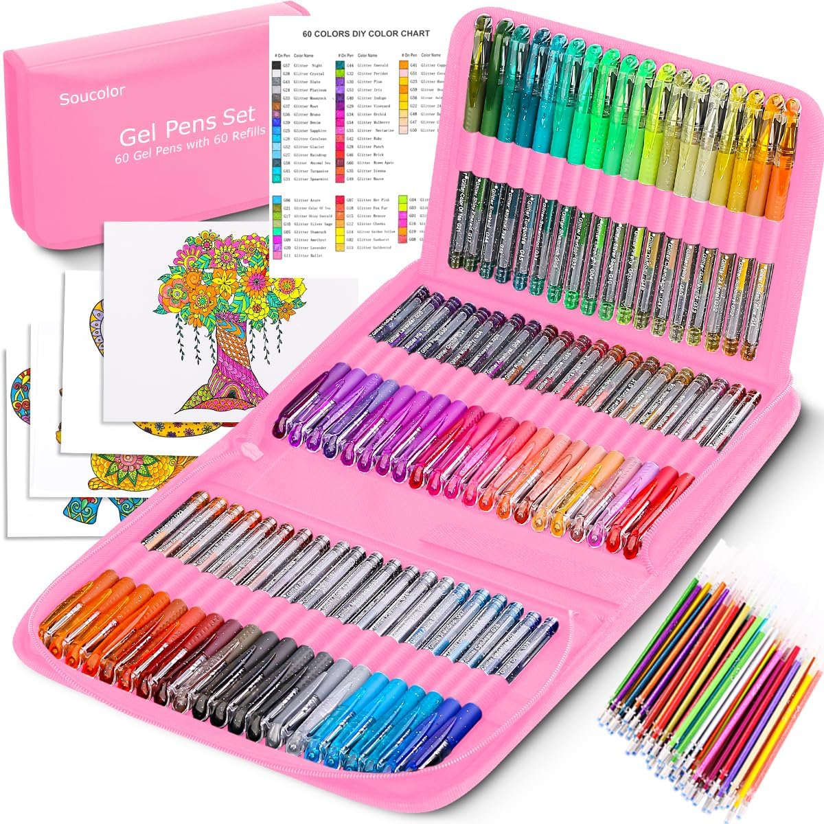 Soucolor Cute Office School Supplies Gifts for Women Teen Girl Birthday, 120 Pack Glitter Gel Pens-60 Glitter Pens, 60 Refills and Travel Case, Japanese Stationary Nurse Cool Gifts for Coworkers