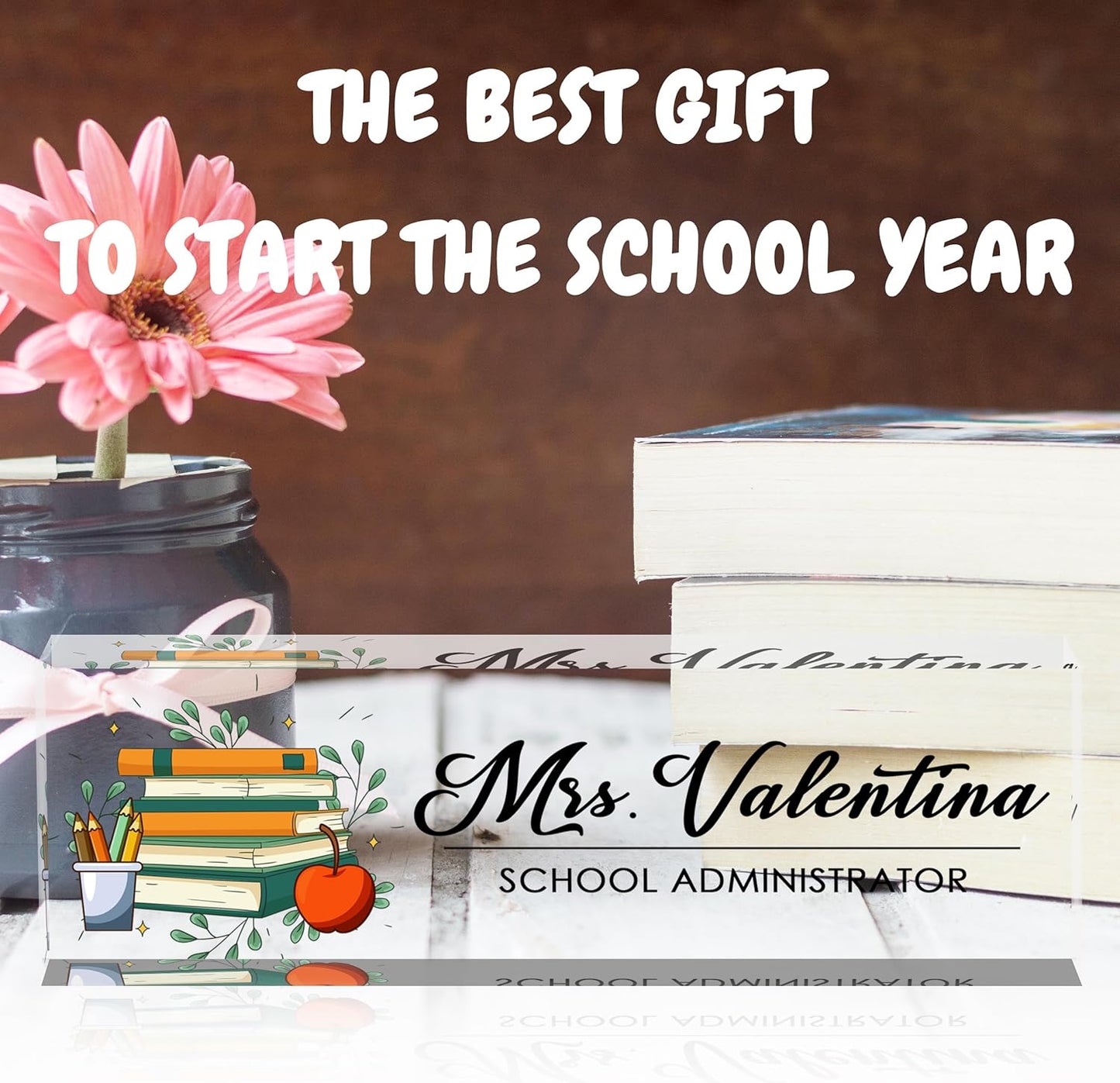 Teacher Name Plates for Desk, Desk Name Plate Personalized, Gifts for Teacher Boss Employee Appreciation Office Desk Decor (Book Apple)