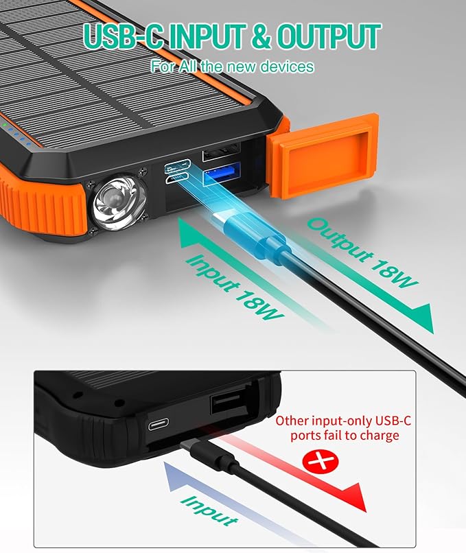 BLAVOR Solar Power Bank, PD18W QC3.0 Fast Charging 10W Wireless Charger 20000mAh Solar Powered Powerbank with Type C Input/Output, IPX5 Waterproof, Camping Flashlight, Compass, Carabiner