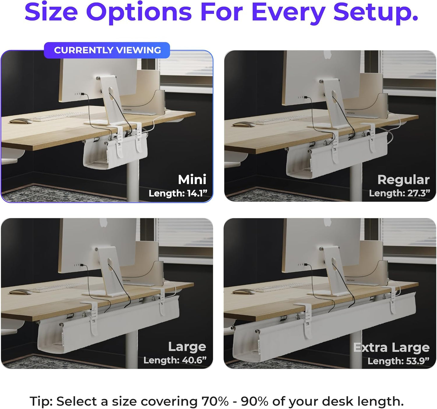 Original No Drill Under Desk Cable Management Tray 14.1" - Premium White Fabric Cable Management Under Desk - Clamp/Screw Mount Cord Organizer - Supports Upto 66lbs
