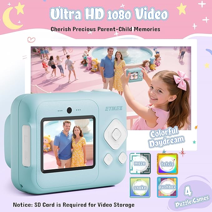 Kids Camera, 1080P Instant Digital Print Camera for Kids, Christmas Birthday Gifts for 4 5 6 7 8 9 10 Year Old Girls Boys, Portable Toy with 32GB SD Card & 3 Rolls Printing Paper, 1 Count, Blue
