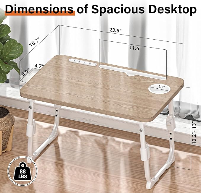 Laptop Desk for Bed Height Adjustable, Lap Bed Table with USB/Storage Drawer/Cup Holder/Tablet Stand/Book Shelf, Foldable Breakfast Tray Portable for Reading Writing, Sofa & Floor, Glacier