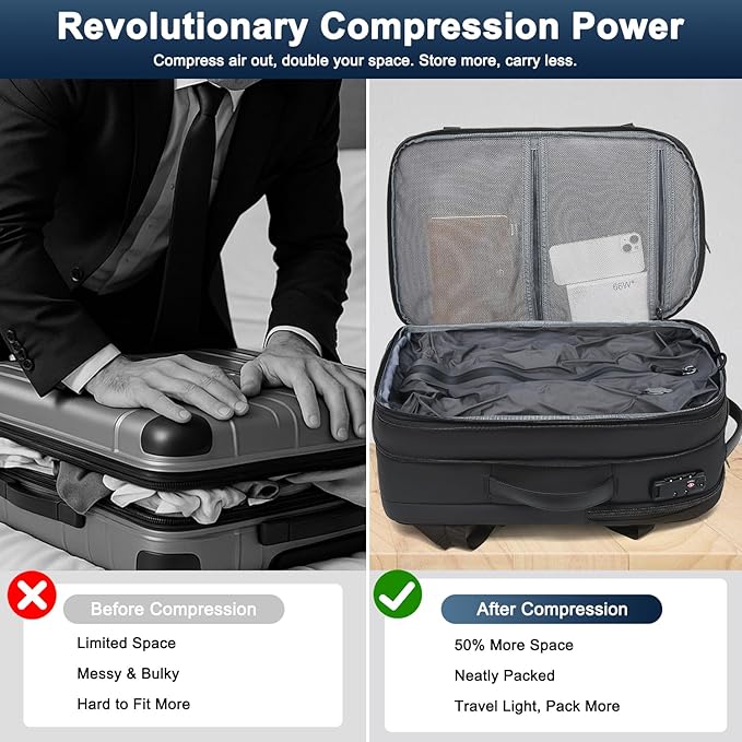 Vacuum Backpack Travel – Expandable Compression Carry On Backpack with Vacuum Pump, Water-Resistant TSA Lock Travel Bag, 17" Laptop Backpack for Men Women, Business Airplane Flight Luggage, Navy Blue