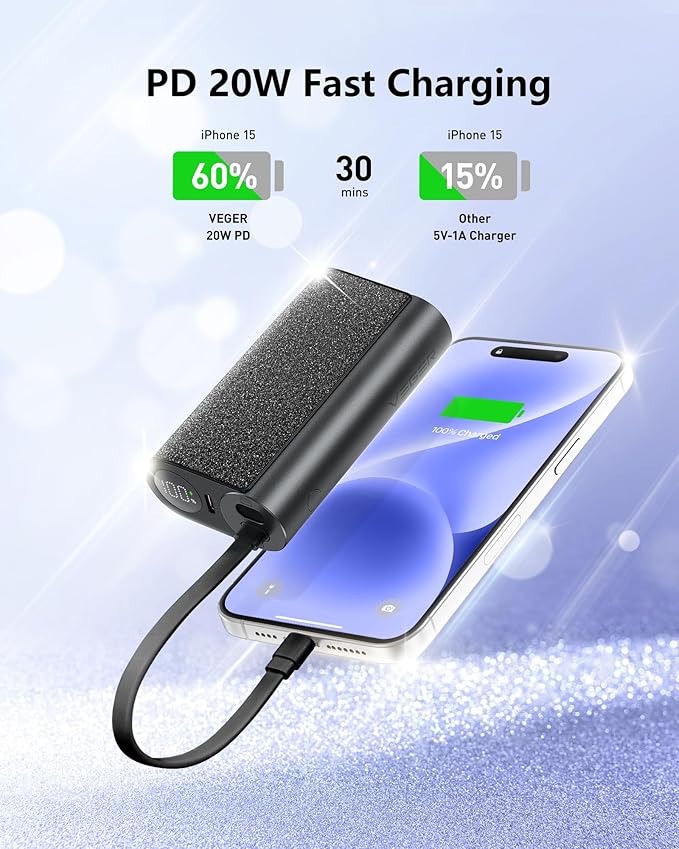 VEGER Compact Portable Charger with Built in Cable(Removable), 10000mAh Cute Power Bank 20W Fast Charging, Sparkling Battery Pack Fashion Travel Accessory Compatible with iPhone 15/14, Android-Black